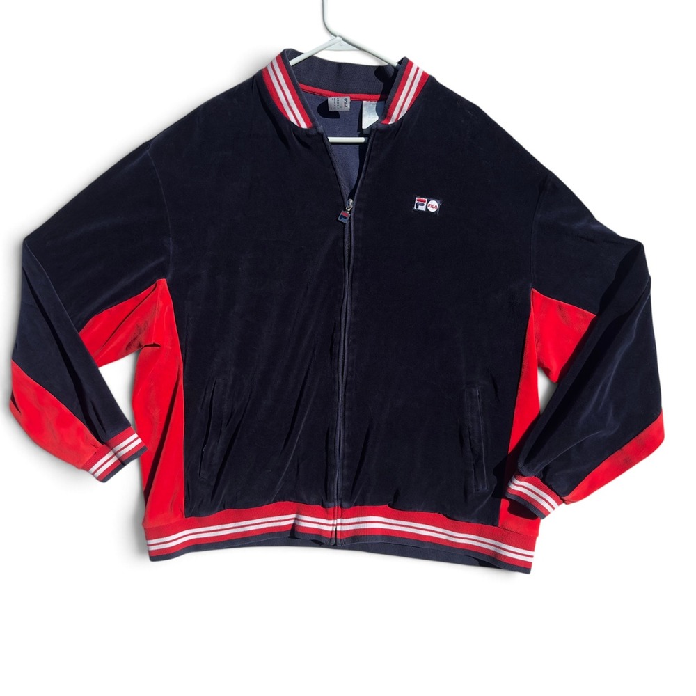Vintage Fila Velour Varsity Track Jacket Womens XL Navy Red Full Zip 90s Y2K